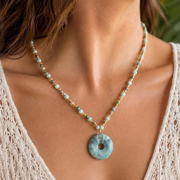 Unbranded Jewelry - Boho Beaded Stone Donut Pendant Necklace Aqua Green Artisan Statement